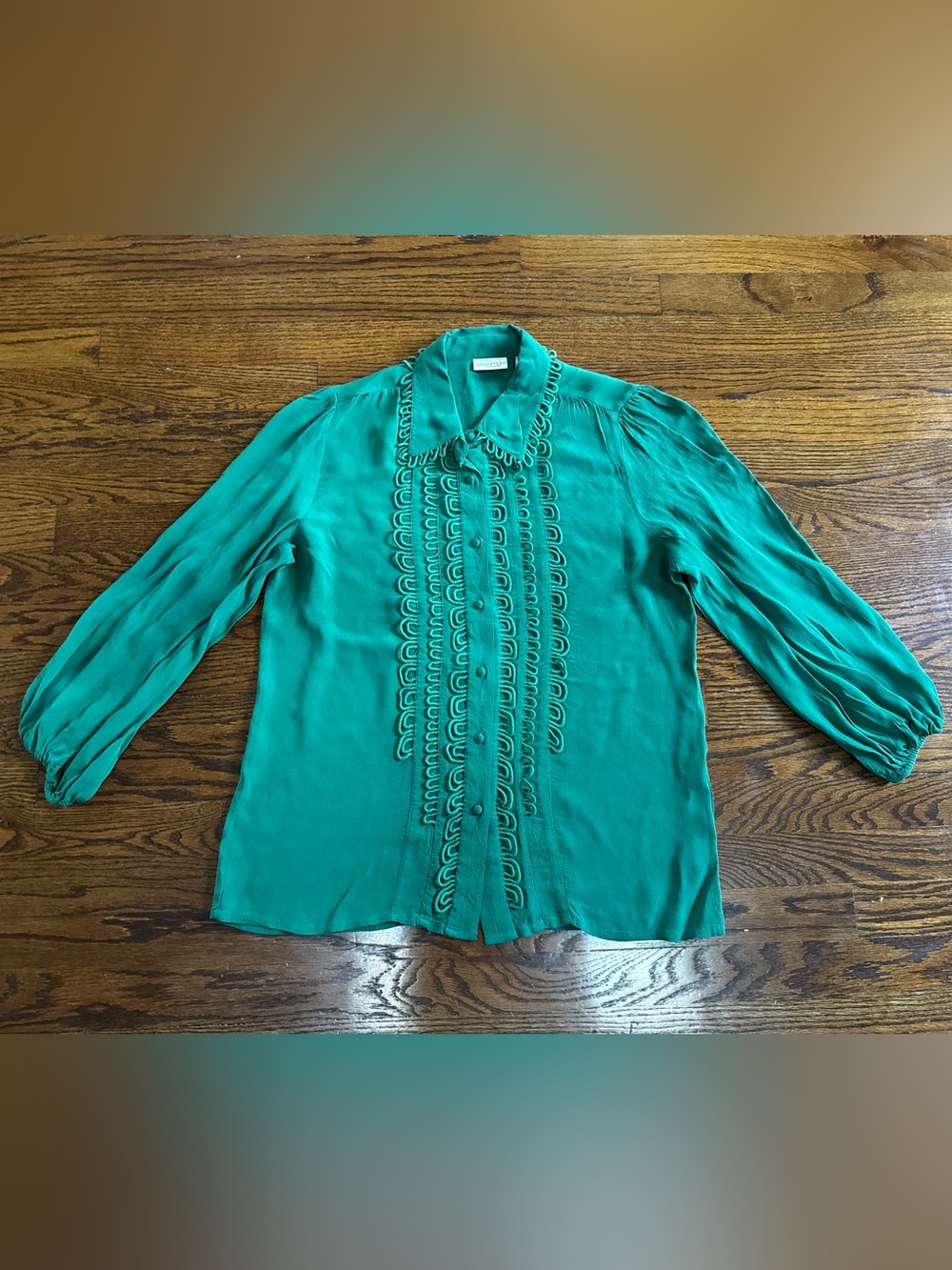 Eva Mendes Green Button-Up Chiffon Blouse Long Sleeve Women's M